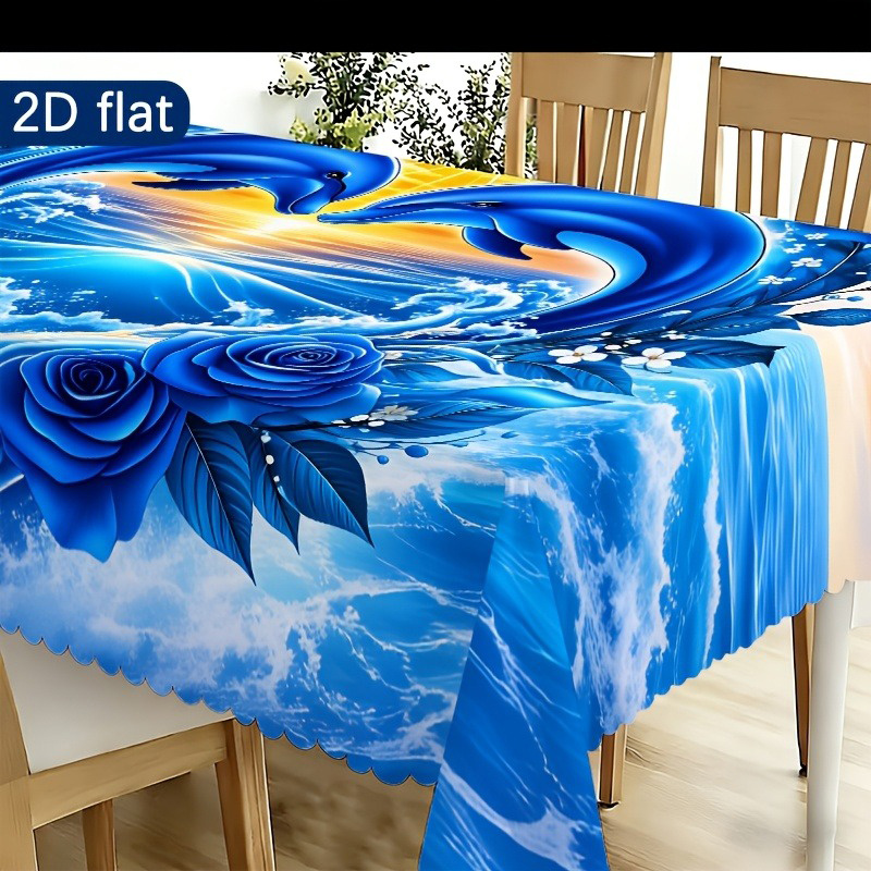 TEMU 1pc : Blue Rose And Dolphin Heart-shaped Tablecloth, Washable, Durable, And Easy To Care For. Perfect For Home Decor, Family Gatherings, Kitchen