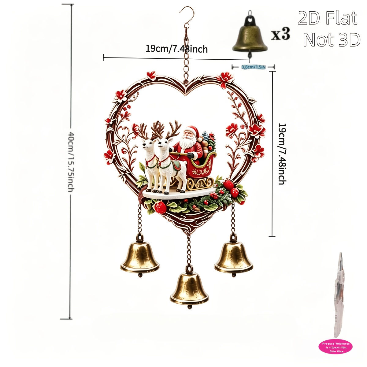 An Acrylic Red Floral Carved Heart-shaped With 3 Copper Bells Metal Wind Chime. The Sleigh Features Santa Claus With And Christmas Berry Decorations. The Vintage Metal Copper Bells Produce Ringing