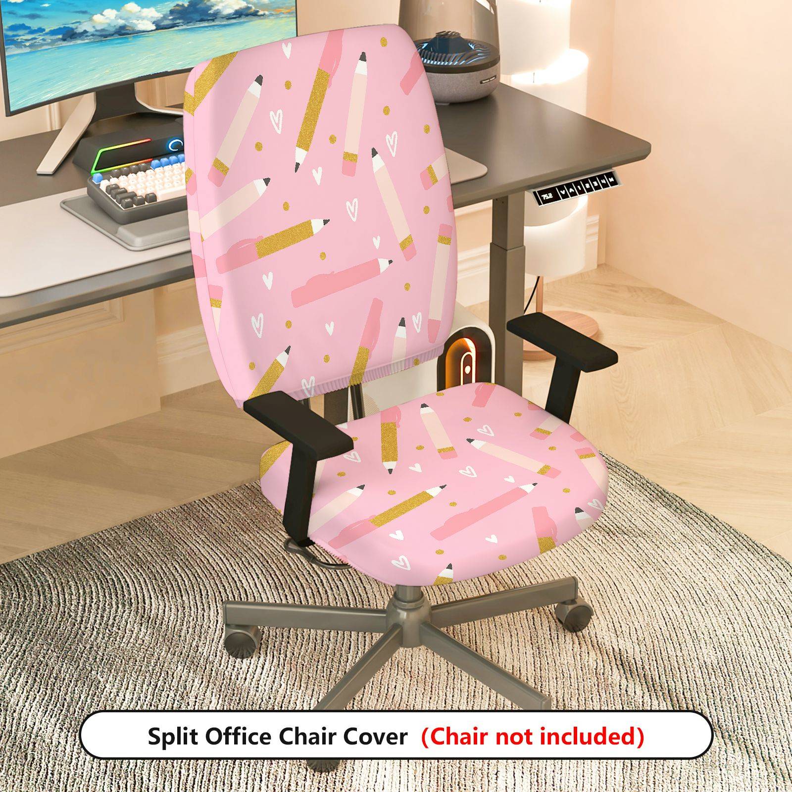 TEMU 2pcs Housse de Chaise d'Ordinateur Élastique Rose Mignonne Cœur & Crayon - Coussin de Siège Amovible & Protège-, Ajustement Extensible pour