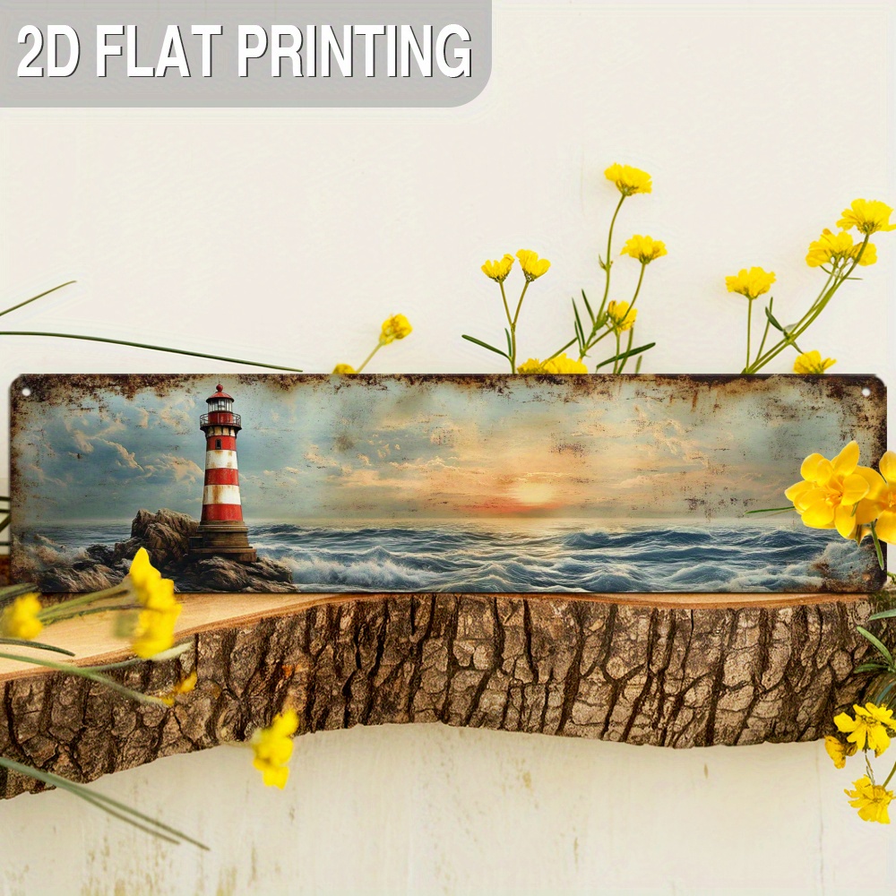 TEMU 2d Flat - Wall Art, Depicting Countryside Lighthouse , Flat 2d Printing, Retro Sunset Ocean Decor, Farmhouse Style, Suitable For Living Room,