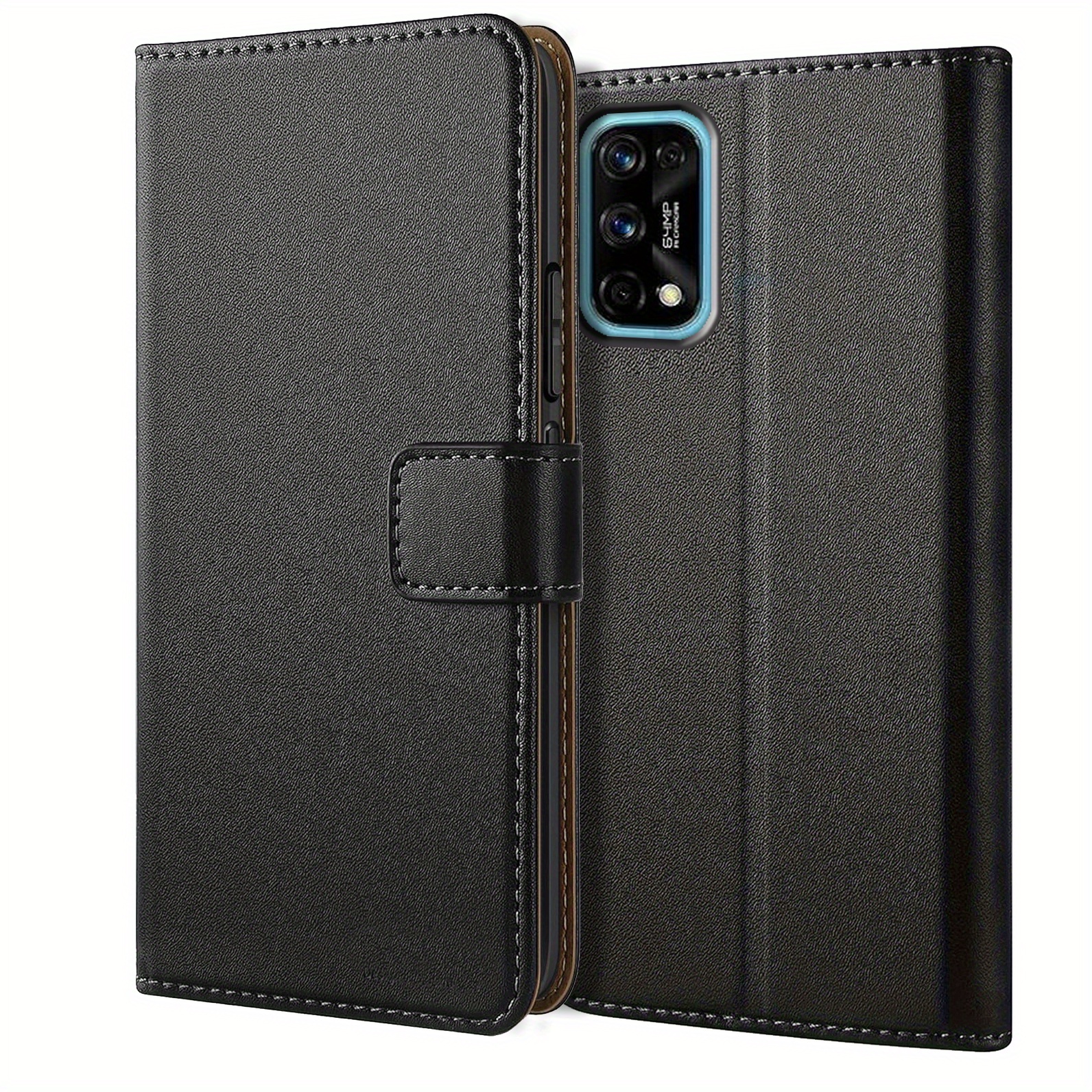 TEMU Phone Case - Black Faux Leather Flip Protective Case Cover For Realme 7 Pro, Featuring A Wallet Design And Kickstand