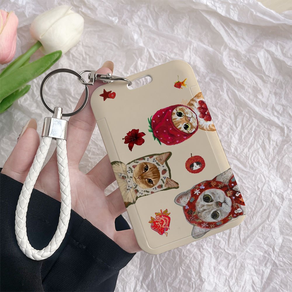 TEMU 2d Cats In Hats White Plastic Id Badge Holder With Keychain | Heavy Duty, Lightweight, Detachable, Snap Closure, Ideal For Bus Pass, Work Badge,