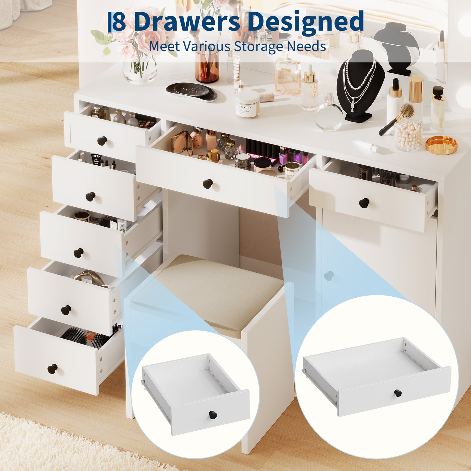 White Makeup Vanity With Mirror, Vanity Desk With 7 Storage Drawers And 1 Cabinet. Large Table Top, Space Saving, Home Organizer.
