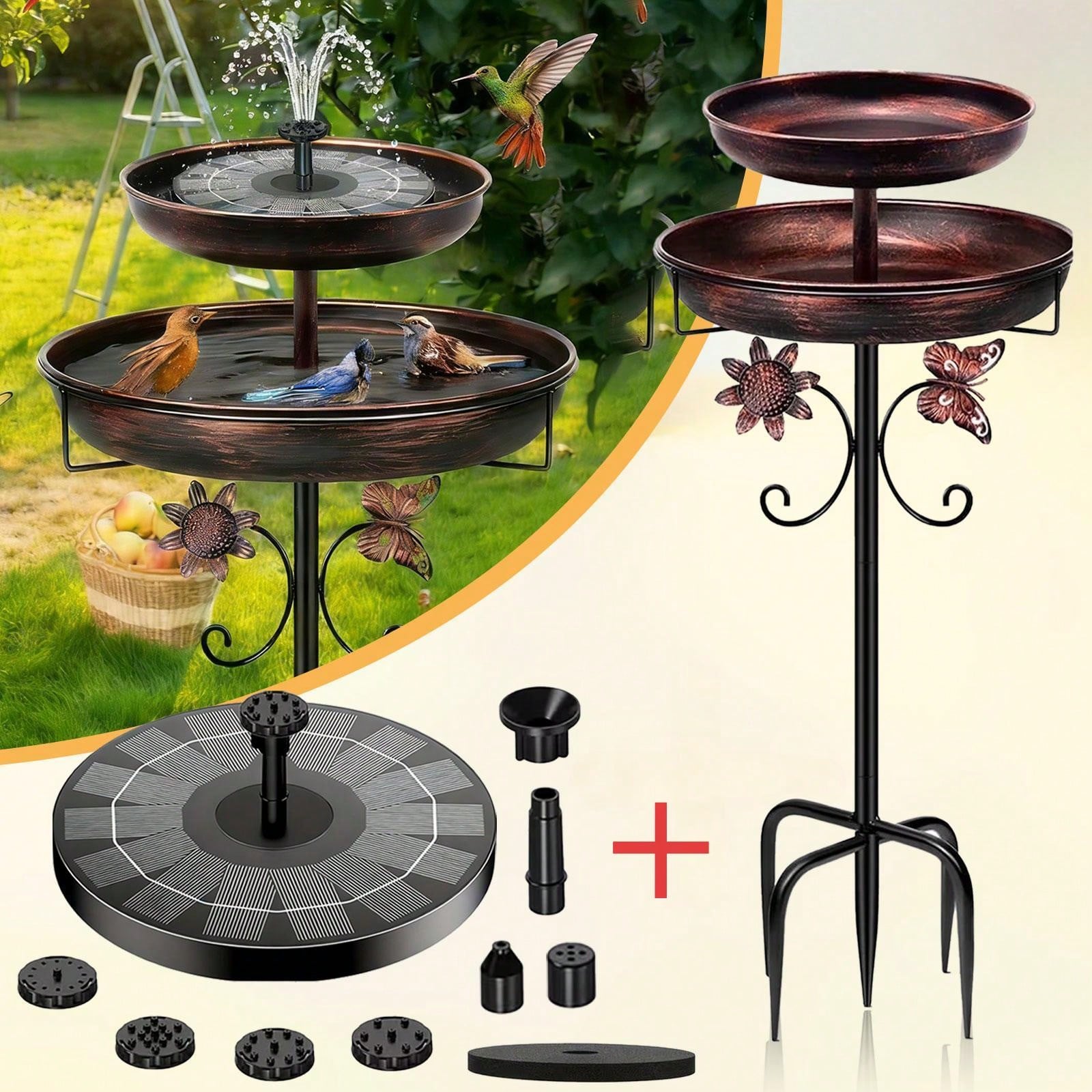 TEMU Heavy-duty Metal Double-layer Bird Bath Tub 44" 2-tier/ 37" 1-tier With Ipx8 Fountain, 12" & 10" Trays, Sturdy 5-prong Base, Rust-resistant