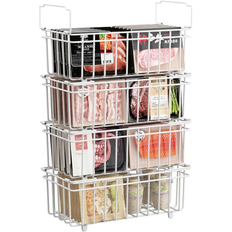 4 pack chest freezer organizer baskets stackable storage bins 7 cu ft deep with foldable handles kitchen pantry shelf rack durable metal white load 45lbs
