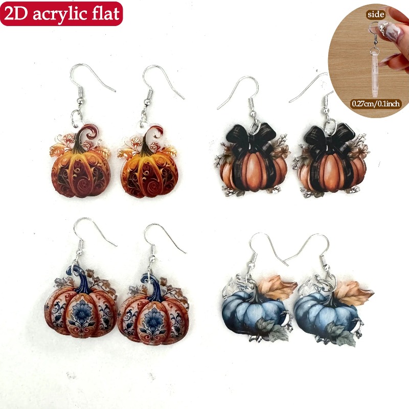 TEMU 2d Flat, 2d 4-pair Set Autumn Pumpkin Pendant Earrings, 2d Flat Acrylic Vintage Floral Bow Pumpkin Earrings, Autumn Thanksgiving Women's