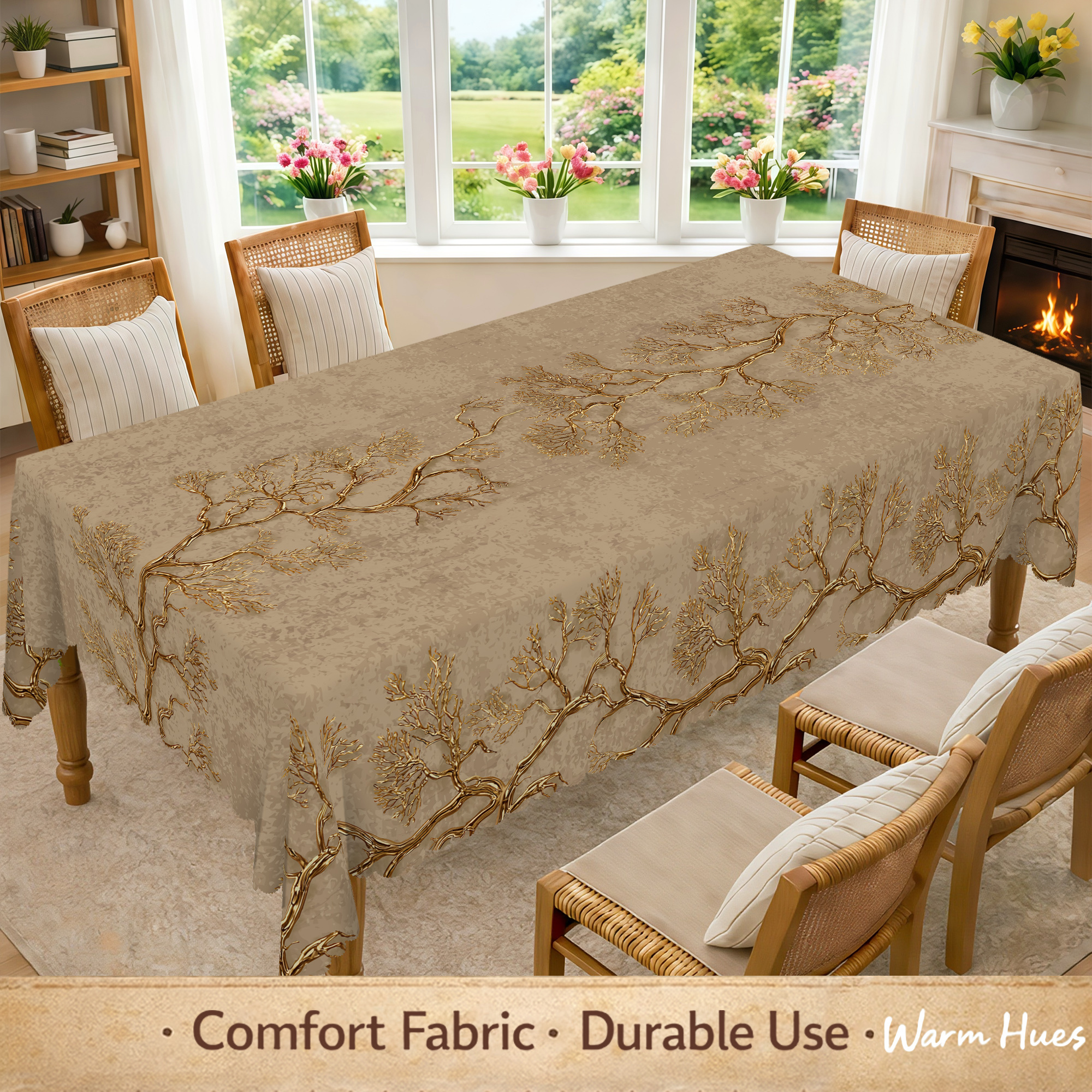 1pc, Vintage Golden-Brown Tree Tablecloth, Elegant Golden Branch Print with Intricate Twigs And Leaves, Artistic Nature Design on Textured Beige Background, Botanical Style Table Cover for Dining Room, Kitchen And Home Decor, 7 Sizes Available