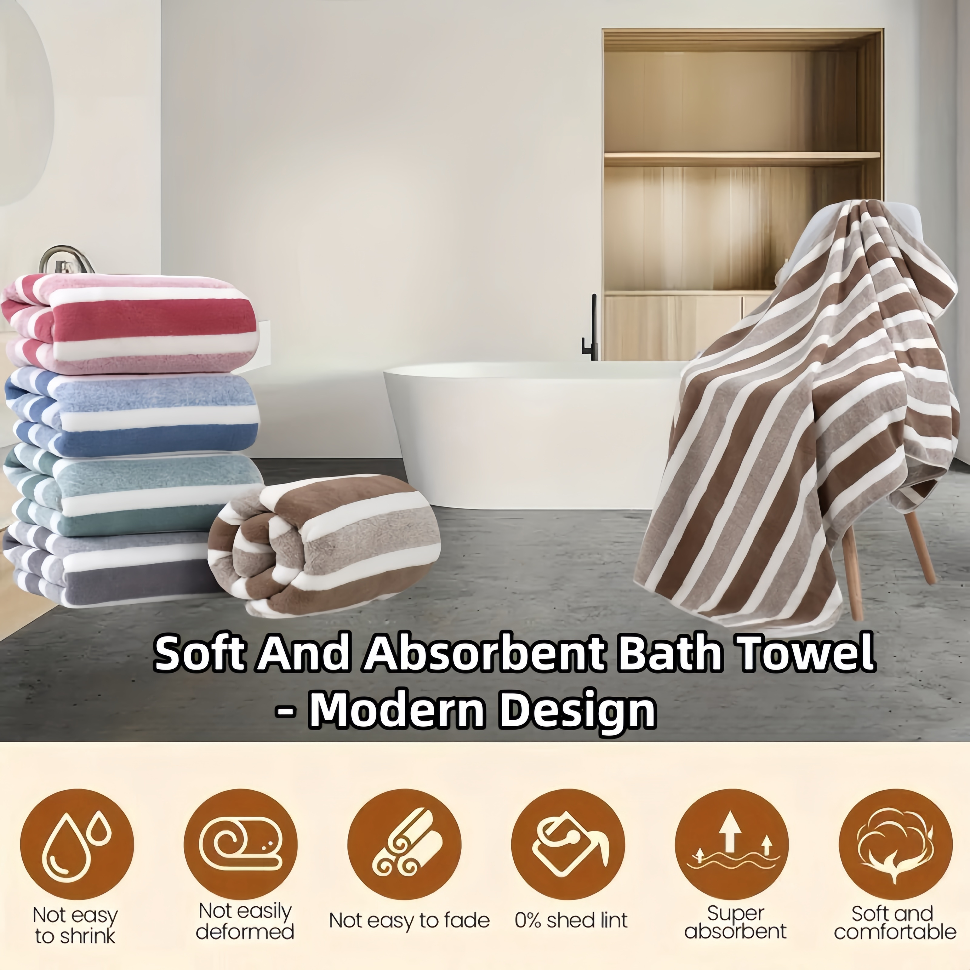 

1pc Contemporary Striped Bath Towel - 80% Polyester, 20% Nylon , , Thick & Soft, With Hang Loop, Easy To Dry, Non-shedding, Ideal For Travel & Home Use