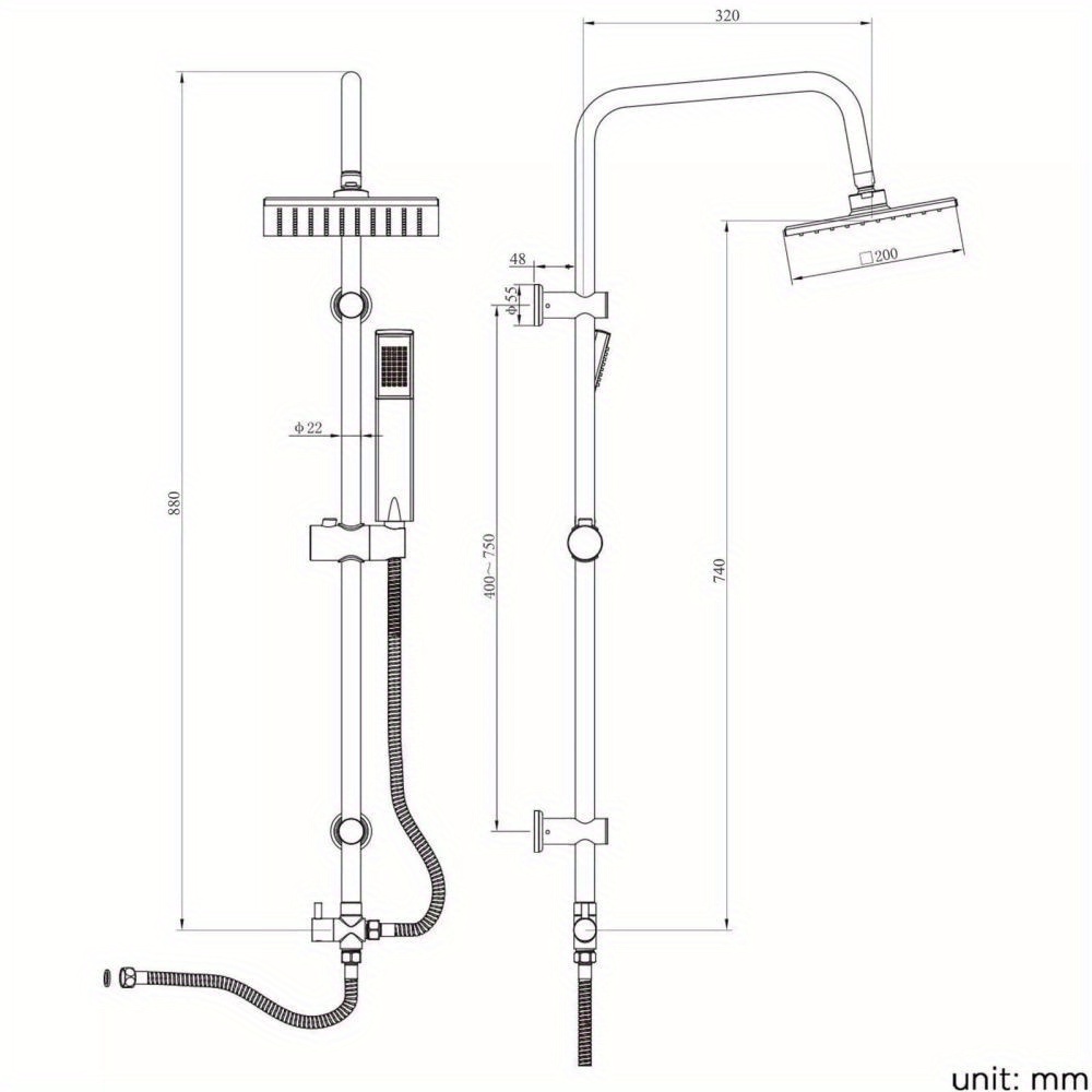 Black Shower Set, Overhead Shower Kit with Adjustable Height Riser Rail