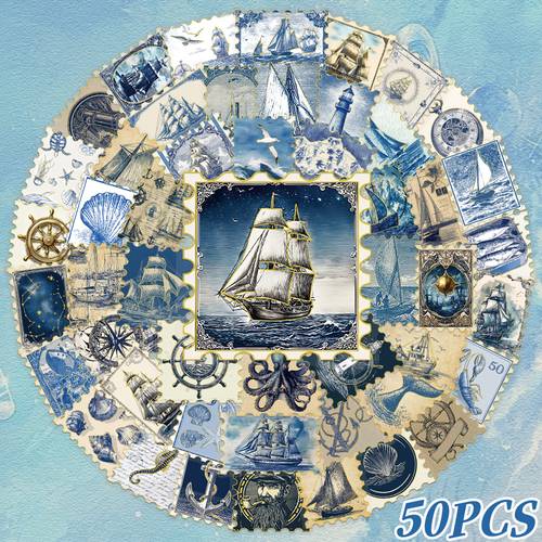 50pcs nautical stickers golden stamping stickers pet and easy artistic cartoon decorative stickers suitable for decorating planners phone cases notebooks skateboards guitars luggage gift boxes shelves