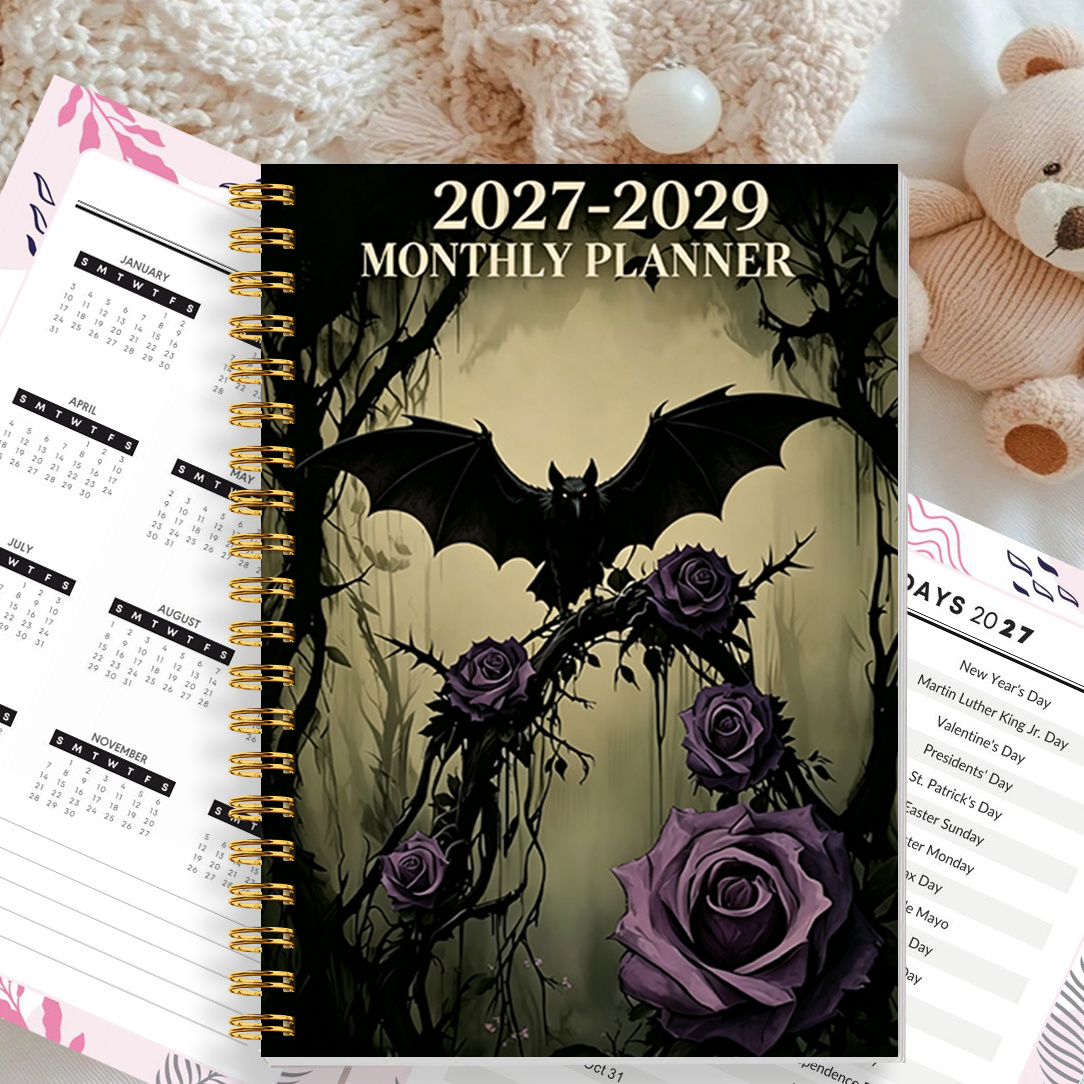 TEMU 1pc Gothic Bat & Rose Planner - 3-year Calendar (2027-2029) Monthly/weekly Grid Schedule, A5 Portable Planner Suitable For, Dated Pages With