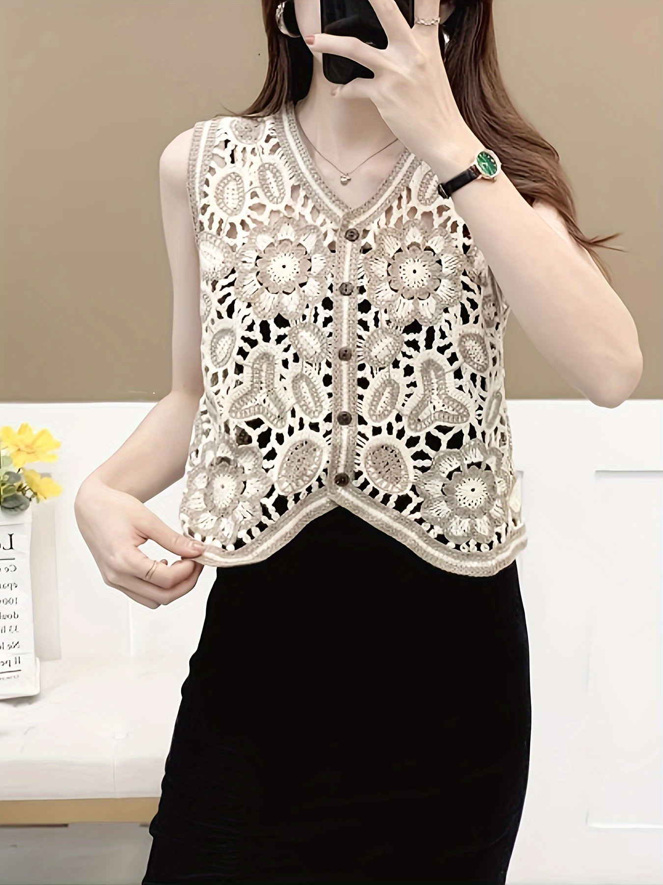 Elegant Bohemian Women's Sleeveless V-Neck Vest - Chic Geometric Crochet Pattern, Lightweight Acrylic, Semi-Sheer Summer Casual Cover-Up, Hand Wash Only, Breathable Coverup, Intricate Craftsmanship, Beach Coverup, Boho Fashion, Delicate Weave, Sheer Top, Fashion Women