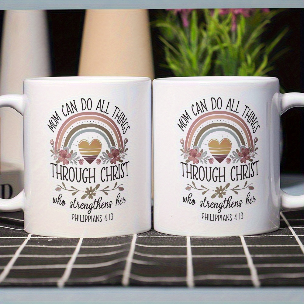 1pc 11oz ceramic coffee mug mom can   things through christ   verse philippians 4 13 with rainbow   insulated reusable cup dishwasher safe inspirational gift for christian moms wives grandmas mothers day christmas birthday from husband son daughter coffee cup religious   elegant script design durable drinkware details 2