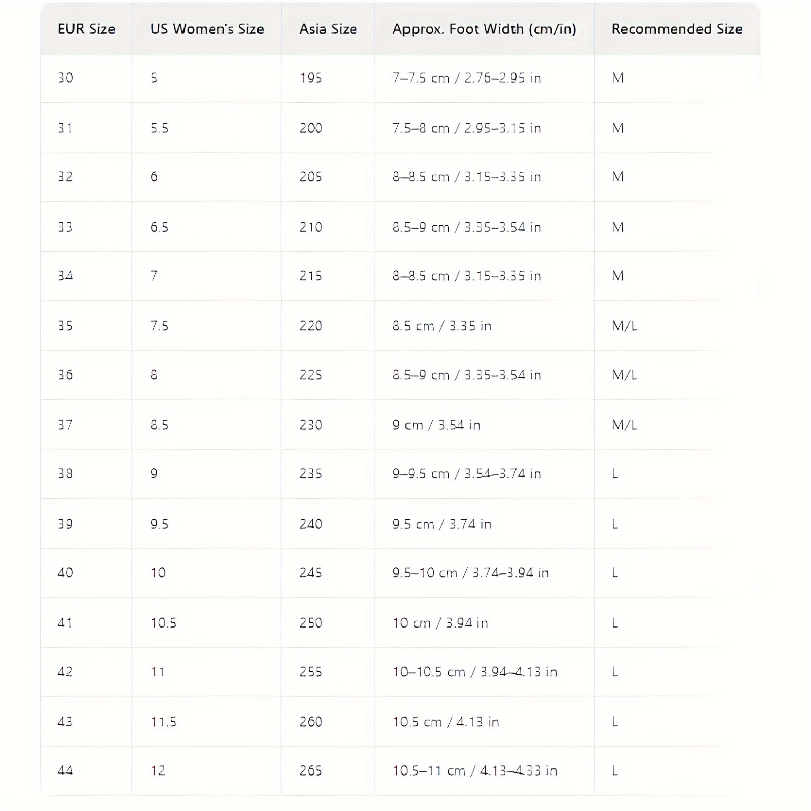 Table showing size conversion chart for squat wedge with EUR, US Women's, Asia, foot width, and recommended size columns.