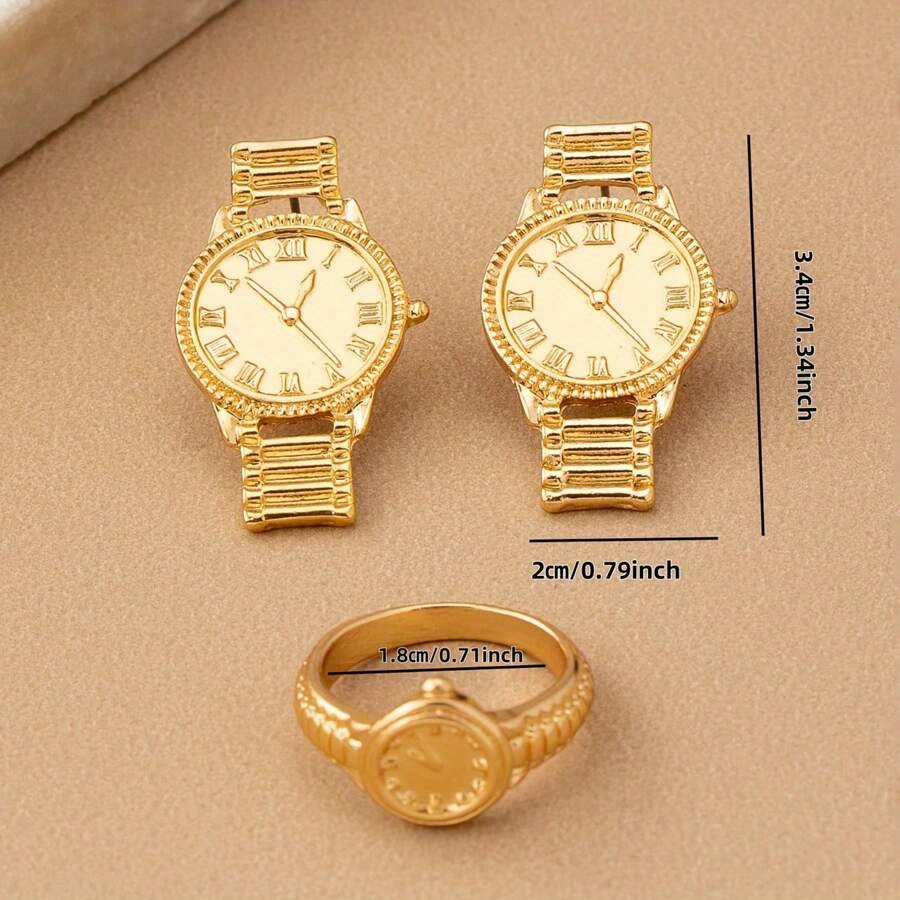 TEMU 1 Set Fashion Creative New Women's Metal Watch, Earrings, And Ring Fashion Accessories Set, Multifunctional Design Suitable For Street , Unique