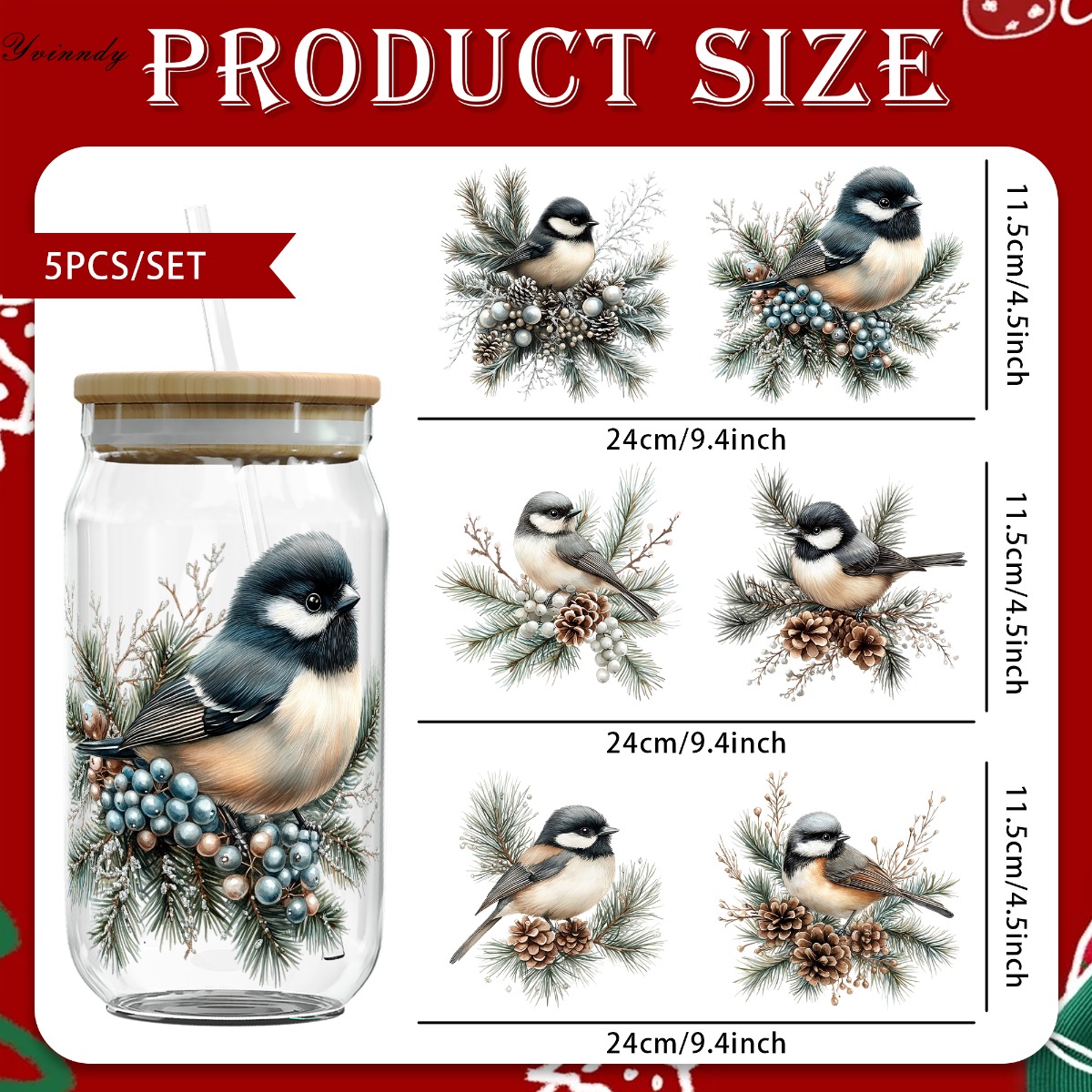 Set Of 5pcs Featuring And Birds, 16oz Transfer Paper For Uv Dtf Applications On 16 Oz Glass Jars
