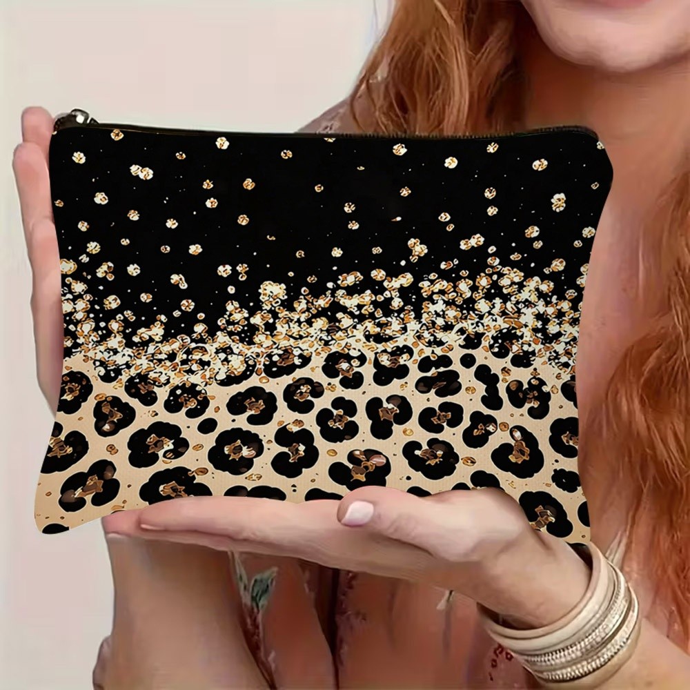 TEMU 1pc, Sac de voyage cosmétique à impression 2D avec motif léopard doré à paillettes, Pochette à toilette zippée, Trousse à crayons, Pinceaux,