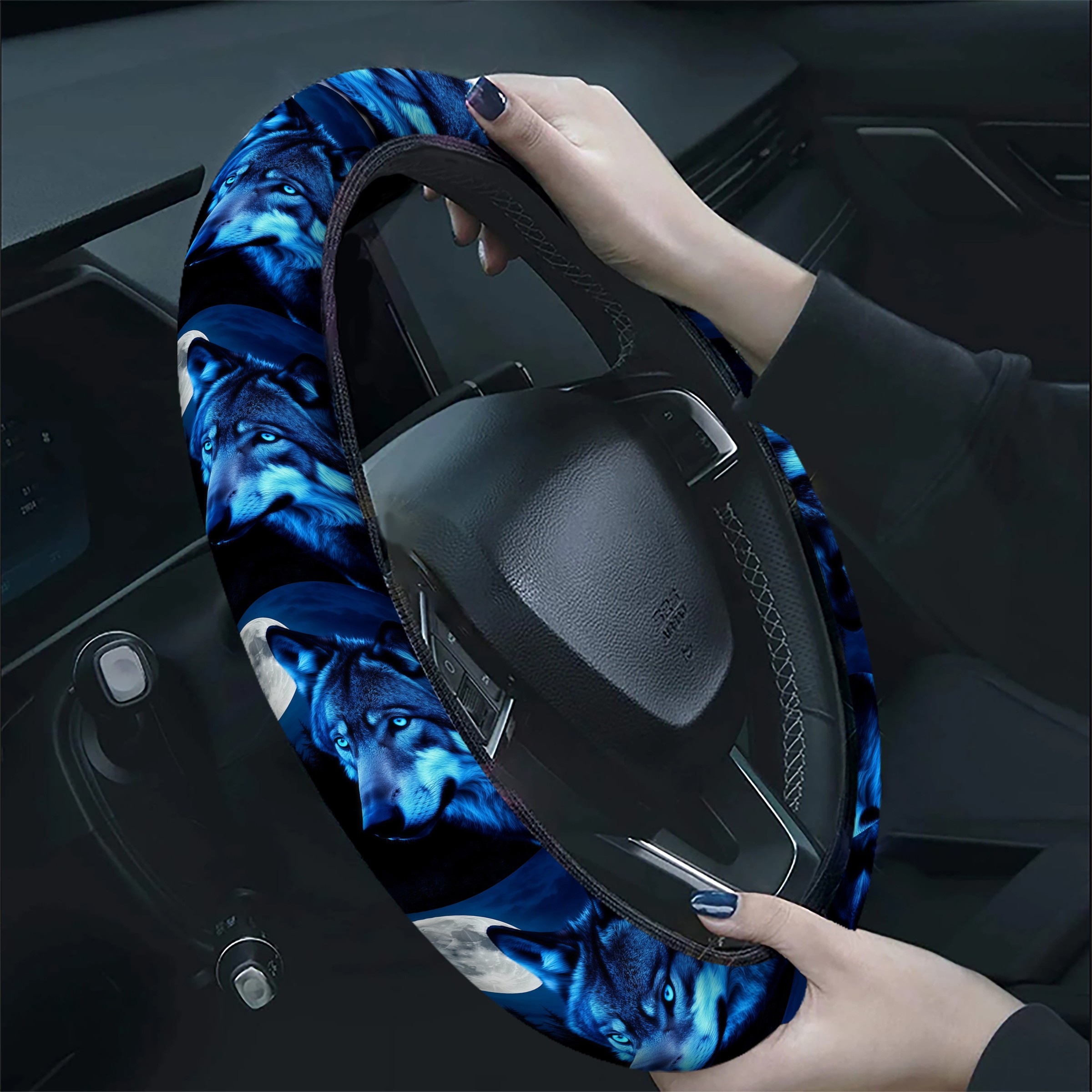 TEMU 1pc Blue Wolf & Moon Steering Wheel For Cars/suvs, 15-inch Wheel Compatible For Auto, Soft Comfortable Grip With Wolf & Moon, Colorful Steering