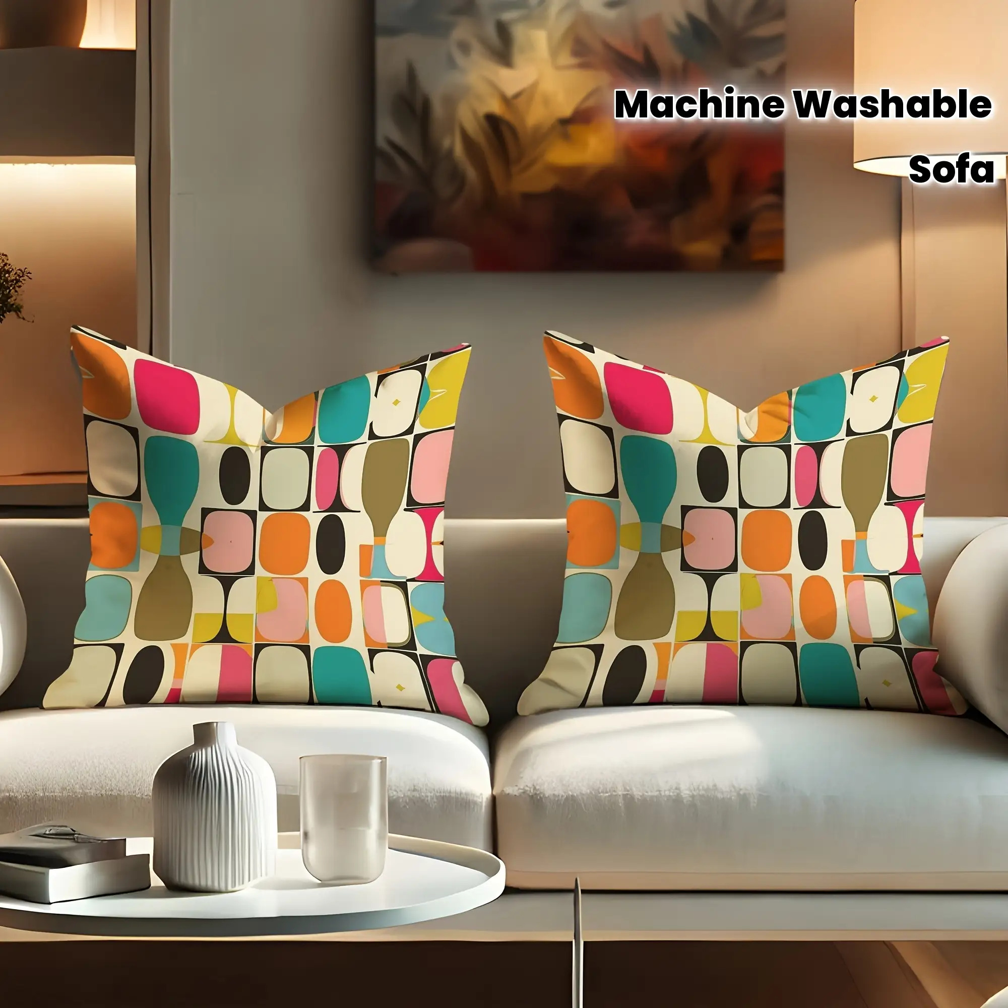TEMU 2pcs Mid-century Modern Geometric Pillow Covers- Soft 100% Polyester With Zipper, Colorful In Orange, Pink, Blue, And Beige- Perfect For Living