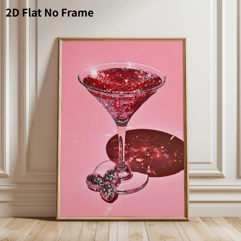 TEMU 2d Flat, 1pc 1pcs Pink Shiny Retro Disco Martini Poster - Modern Suitable For Bar Cart & Wall Decor, Unframed Canvas Print Suitable For