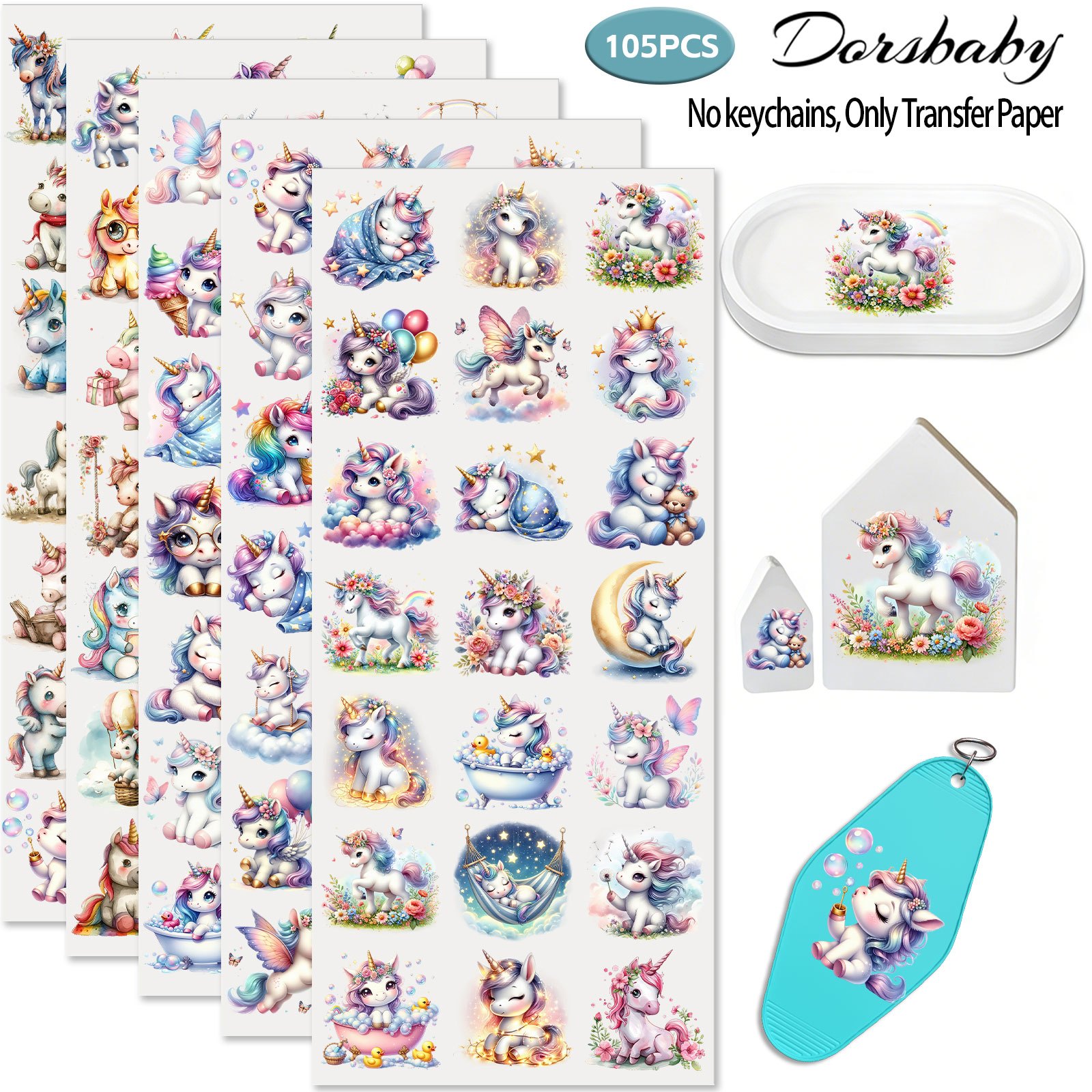 TEMU 105pcs Watercolor Unicorn Style Uv Dtf Uv Dtf Transfer For Keychains, Small Rub On Transfers For 16oz Mugs & Phone Cases, High Art Supplies For