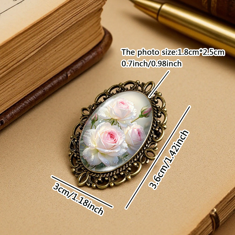 Pink White Rose Blooms Oval Lace-Edged Glass Brooch