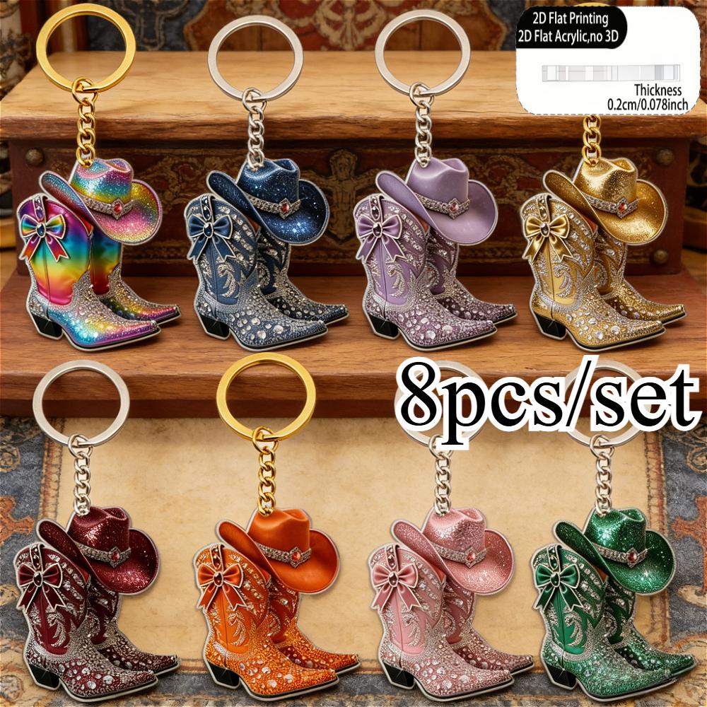 TEMU 2d Flat, 2d Flat 8pcs Shiny Cowboy Boot Acrylic Keychain Set, Western-themed Keychains, Bag Charms, Unisex, Couple's Keychains,