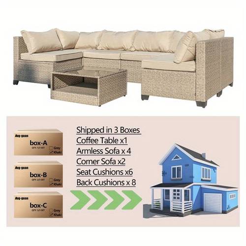 all weather outdoor patio furniture set 7pcs conversation sectional sofa with water resistant beige thick cushions and table for