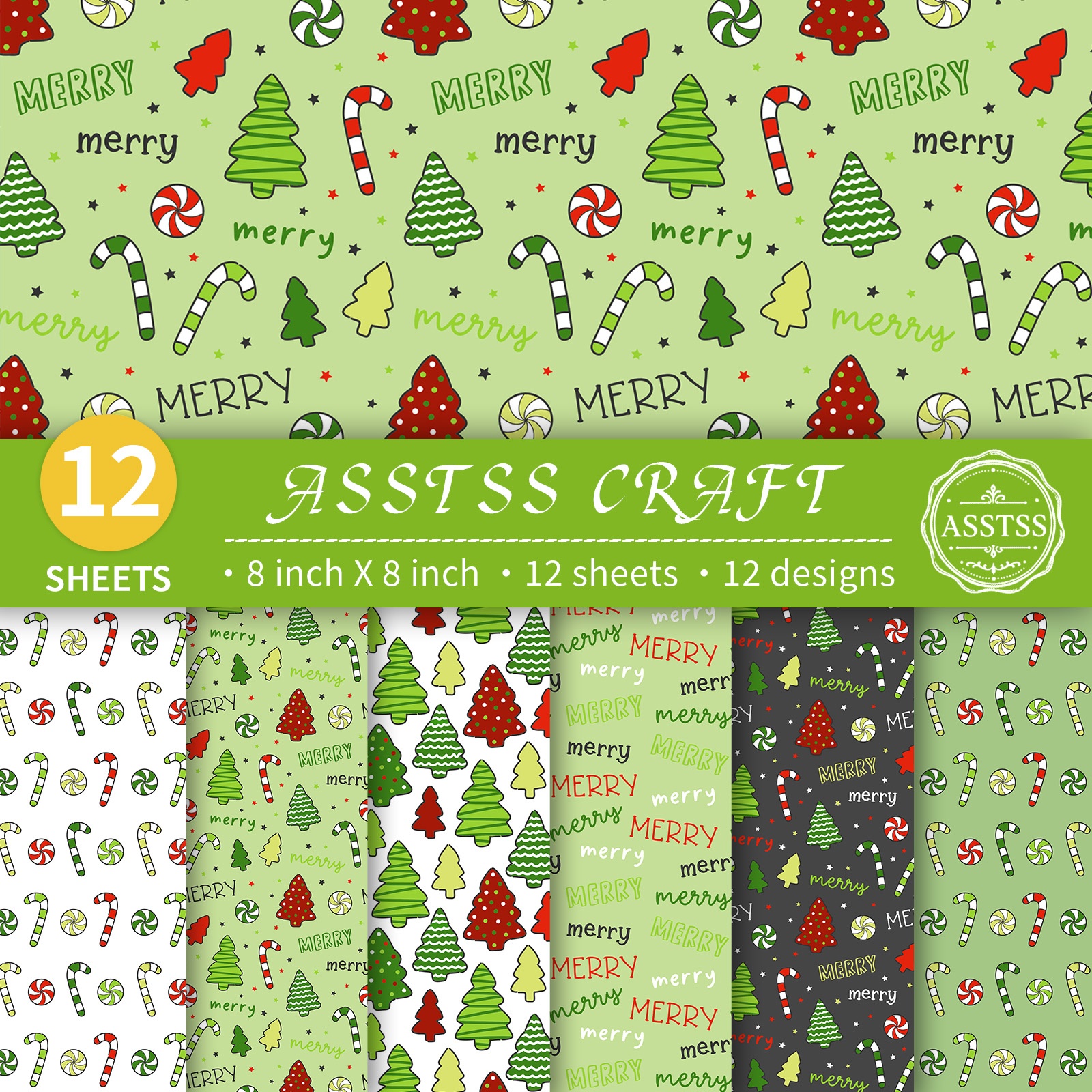 TEMU 12-sheet Asstss 8*8inch Scrapbooking Paper Pad,christmas Green- Tree Candy Cane Style Backing Paper Supplies, Heavyweight Cardstock For