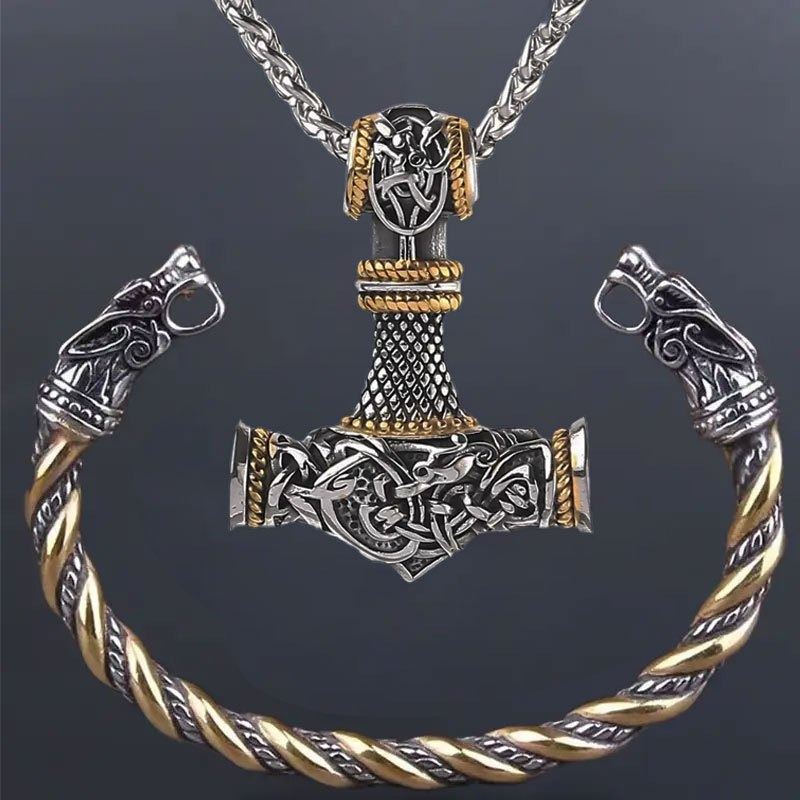 E-shop 2er-Set Retro Hammer Halskette und Wolf Kopf Armband für Herren, Nordische Norwegen Wind Hammer Anhänger Halskette für Frauen, Punk Hübsche