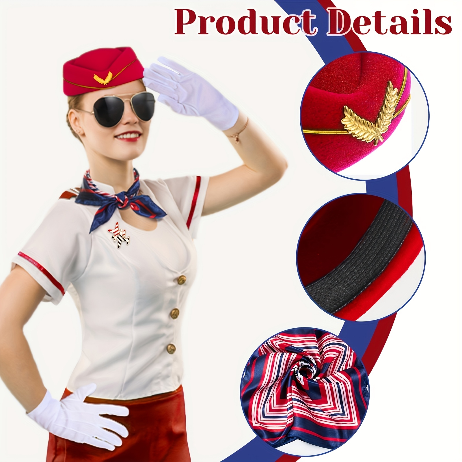 3pcs Women's Flight Attendant Costume Set with Hat, Scarf & Gloves