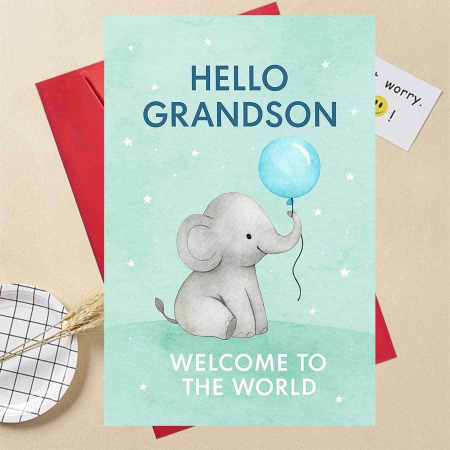 TEMU New Grandson Announcement Card With Cute Elephant & Balloon - Baby Shower Gift For Grandparents, Grandson First Birthday Card-like Design, Baby