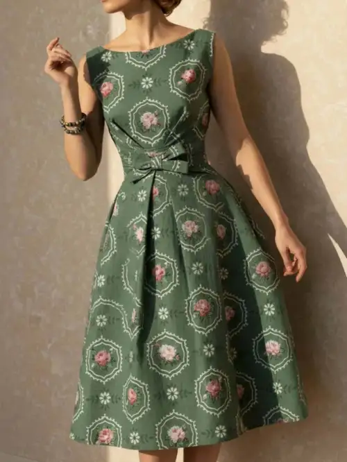 Boat Neck Printed Waist-Cinched Sleeveless Midi Dress | Women's Summer Dress | Retro Elegant Style-* Spring and Summer Everyday * & Semi-Formal Occasions Boat Neck Printed Waist-Cinched Sleeveless Midi Dress | Women's Summer Dress | Retro Elegant Style-* Spring and Summer Everyday * & Semi-Formal Occasions