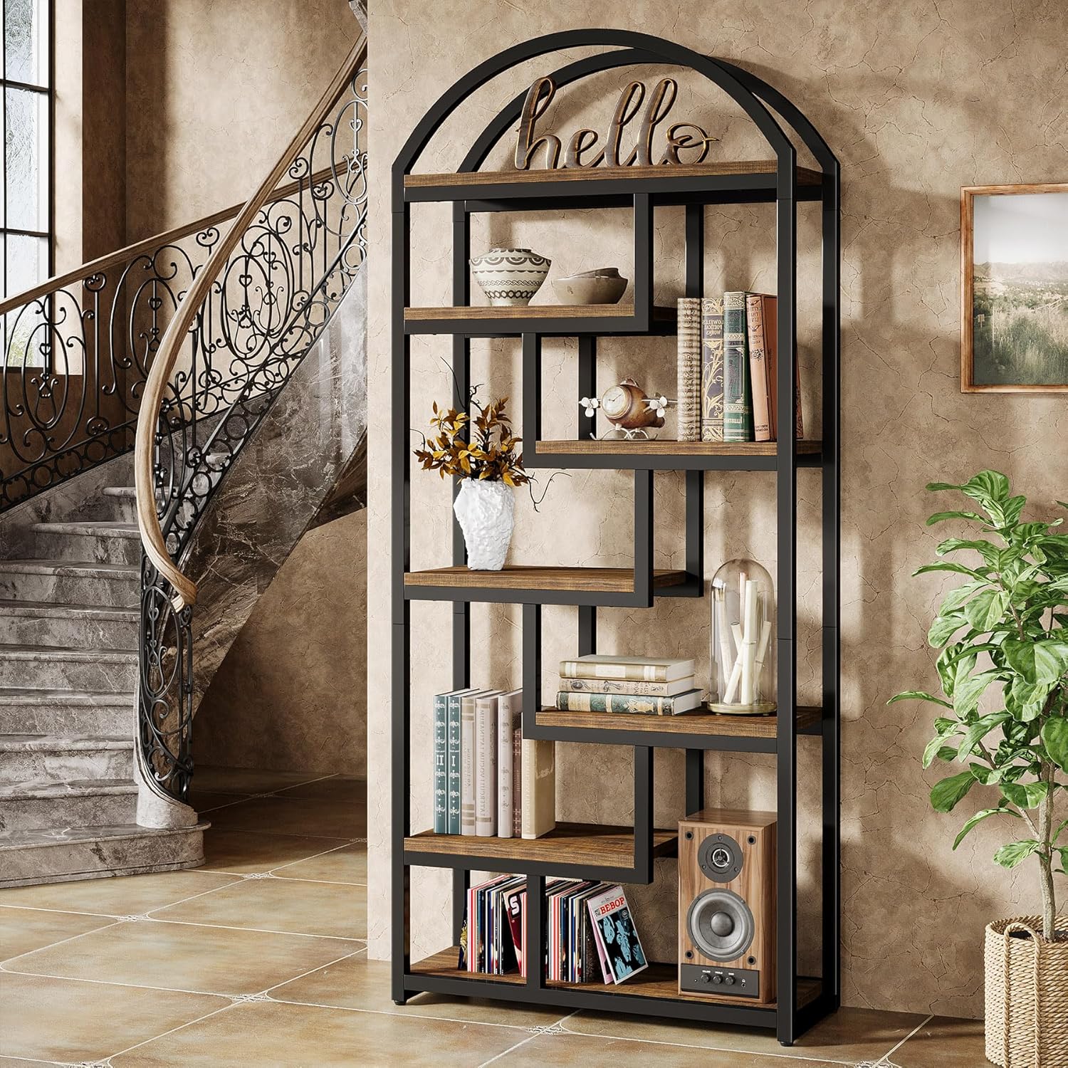 Image of 71" Tall Arched Bookshelf With Rustic - Modern Industrial Etagere Shelving Unit, Heavy-duty Wood & Mdf Floor-standing Bookcase Suitable For Living Room, Bedroom, Home Office -