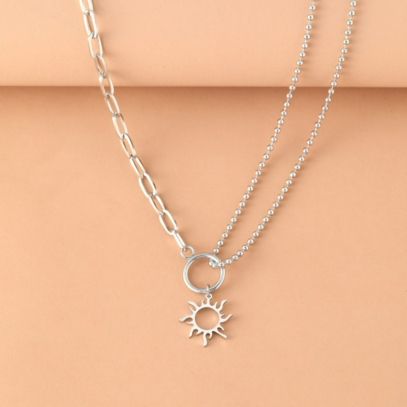 E-shop Modische Halskette aus Edelstahl, exquisites Sonnentotem-Design, stilvolle kombinierbare Halskette mit runder Perlenkette Anhänger,