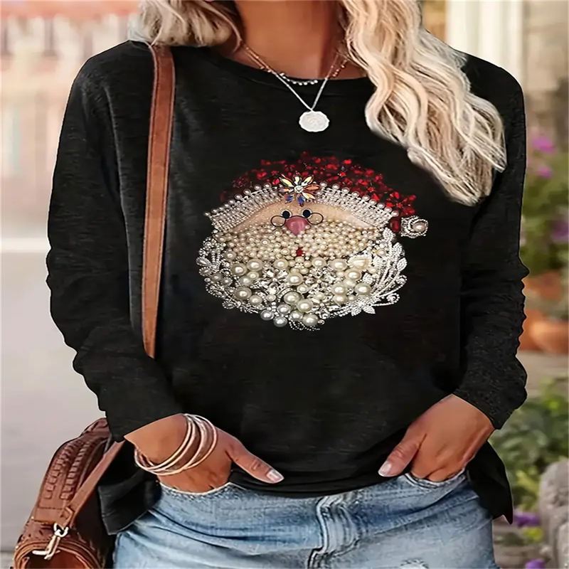 

Christmas Print Long Sleeve Crew Neck Top Cozy Christmas Tree With Alphabet Print Long Sleeve T-shirt - Soft Polyester , Machine Washable - Spring And Autumn Casual Wear