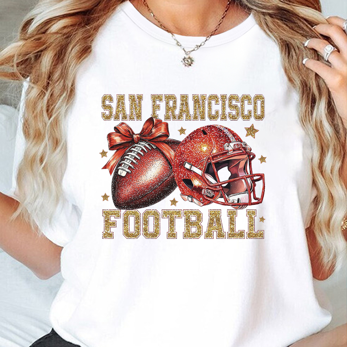 

San Football Graphic Crew Neck T-shirt, Casual Polyester Knit Top, Cartoon Pattern, Medium Stretch, For Women, Sporty &