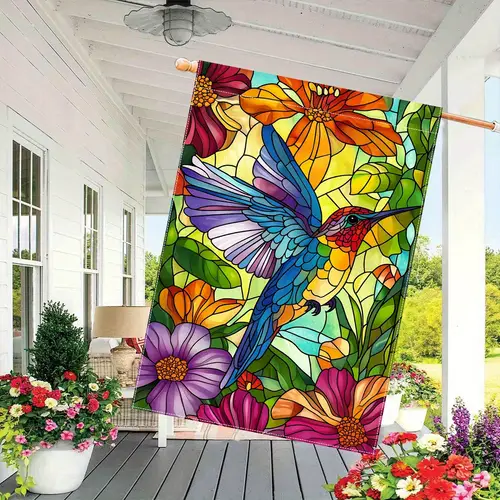 vibrant hummingbird hibiscus double sided garden flag 28x40 inch durable polyester weather resistant outdoor decor with stained glass effect no electricity needed for lawn yard patio balcony garden decor for outside patio decoration