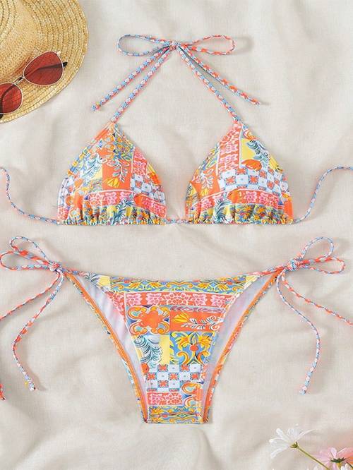 floral print tie side bikini set breathable lightweight two piece for honeymoon