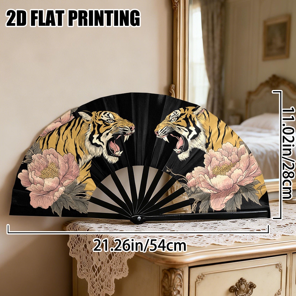 TEMU 2d Flat - A Manual Folding Fan Decorated With Lunar New Year Roaring Tigers 2d Flat Printing Style, Portable Cooling Tool For Summer Gatherings,