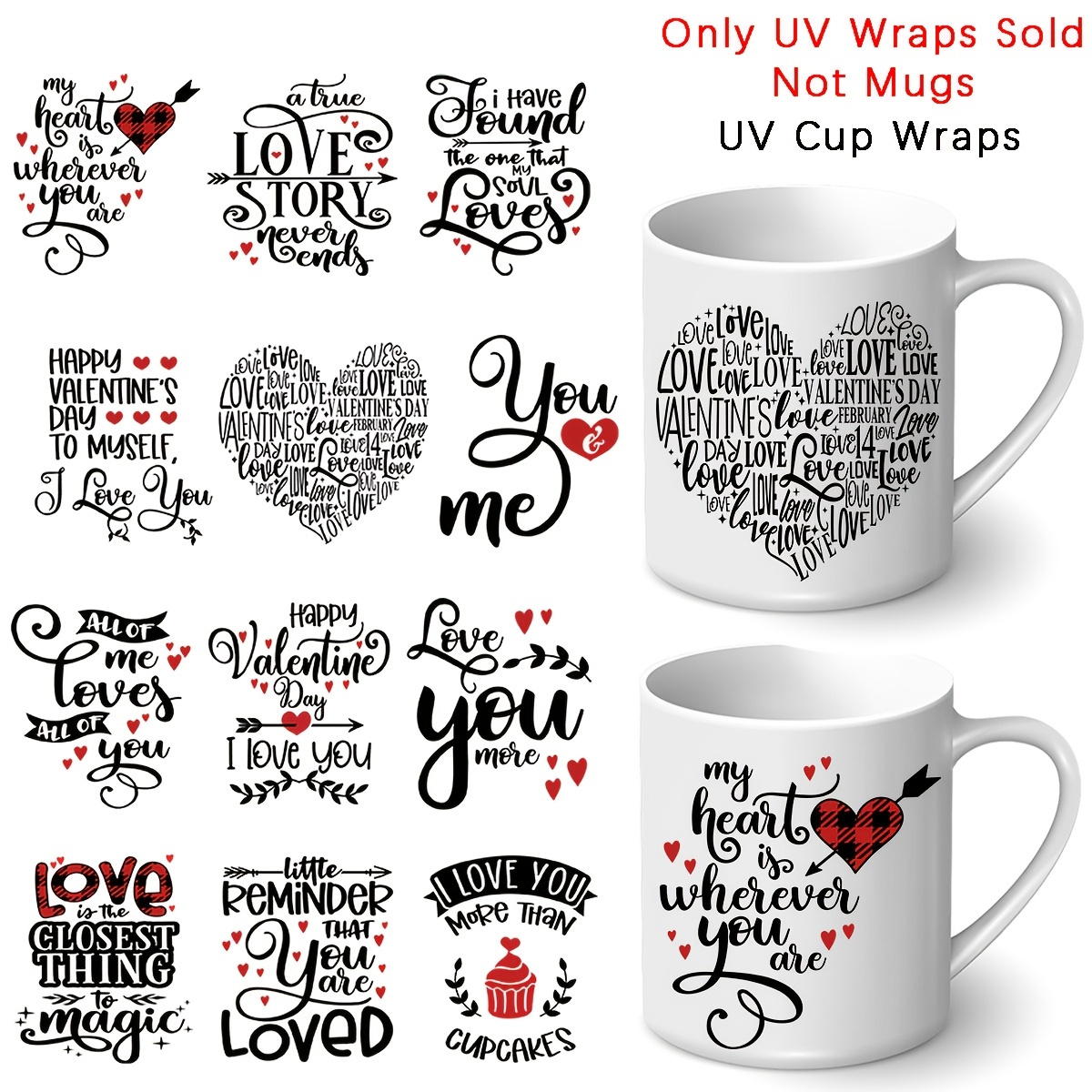 

12 Valentine's Day Cup Transfer Paper - Uv Dtf Plastic Transfer Paper, Waterproof And -resistant, Diy , Making An Ideal Gift For Family.