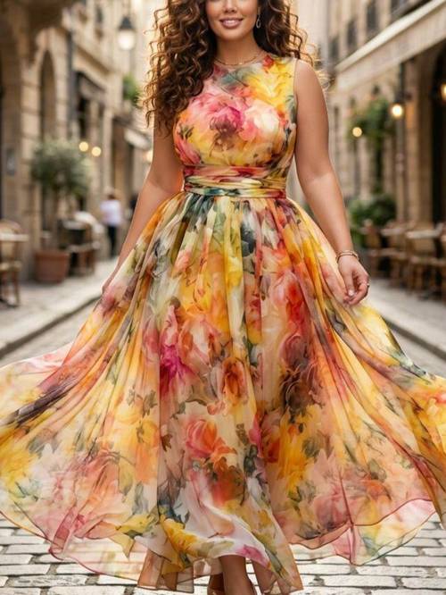 Colorful Floral Waist-Cinched Swing Dress | Brightly Contrasting Floral Patterns Combined with a Waist-cinched Swing Design Showcase a Radiant, Lively, and Latin American Noble Charm, Suitable for Urban Street Photography and Romantic Dates
