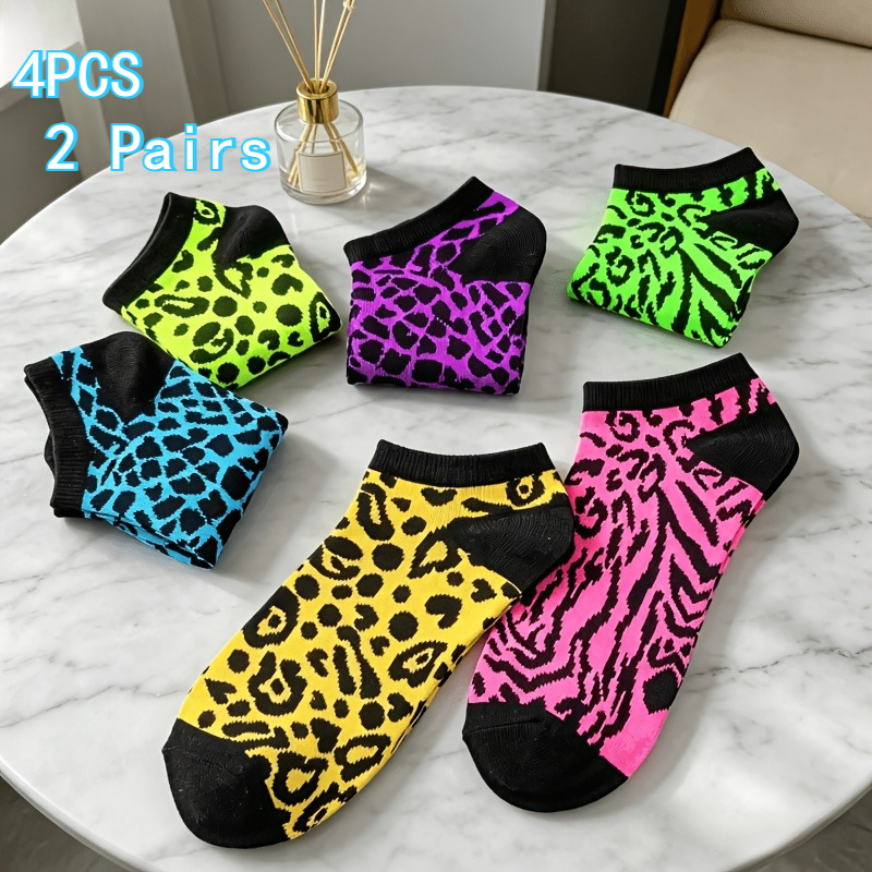 TEMU 4 piezas 2 de calcetines cortos para pareja de estilo aleatorio, diseño de rayas con estampado de leopardo y dibujos animados, calcetines