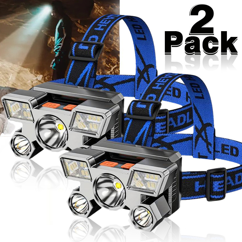 

2pcs 5 Led Headlamps With Usb Rechargeable Battery, Adjustable Blue Strap - Night Fishing, Running, & Emergency Work, Adventure Gear|adjustable Headlamp| Construction, Headlamp Rechargeable