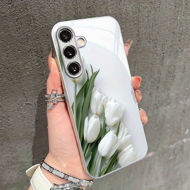 TEMU White Stylish Tulip Pattern Glass Phone Case For Galaxy S25/s25 Ultra/s25 Plus/s25 Edge/s24/s24 Fe/s23/s23 Ultra/s22/s21/s21