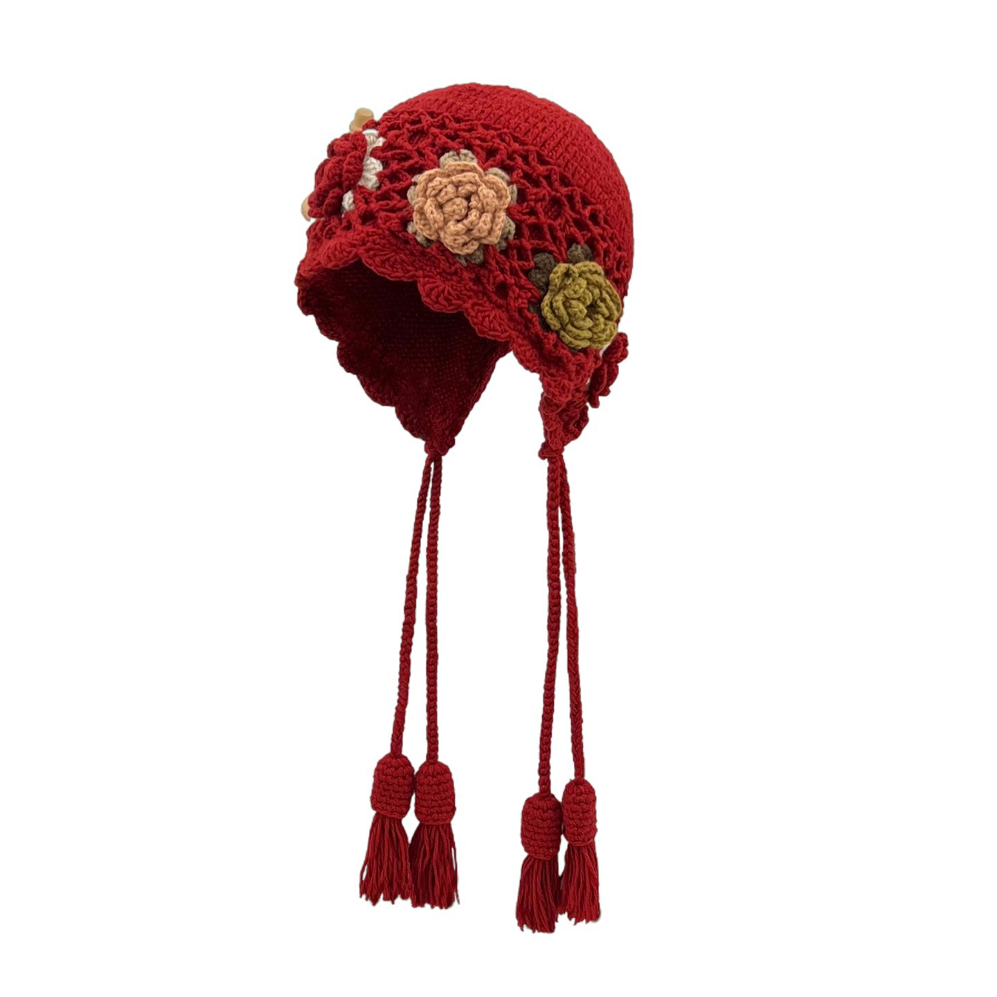 TEMU Vibrant Floral - A Hand-crocheted Beanie With Tassels, Perfect For The Festive New Year Vibe, Providing For Outdoor Activities Christmas Hat