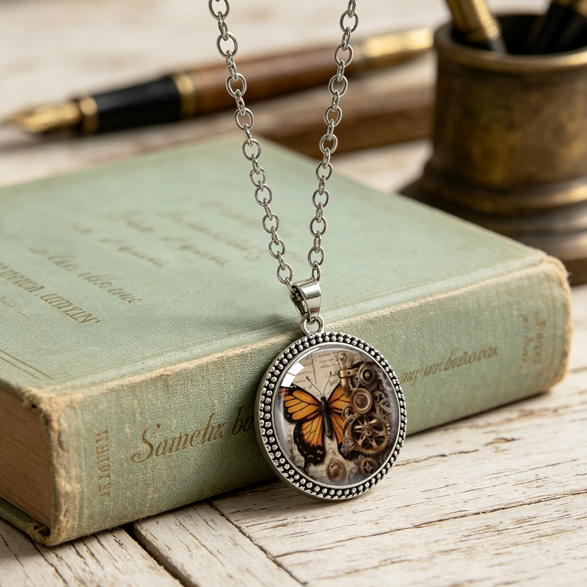 Creative Steampunk Butterfly Gear Print Round Pendant Necklace