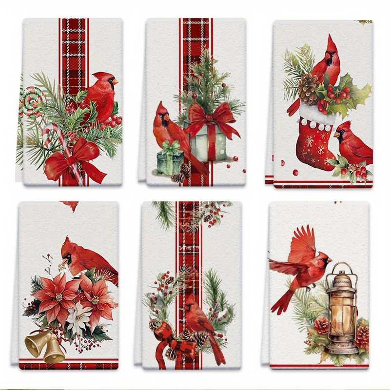 TEMU Lot de 6 torchons de cuisine 18x26 pouces Cardinal, de Noël, décoration végétale en microfibre absorbante, convient pour à , , le nettoyage de