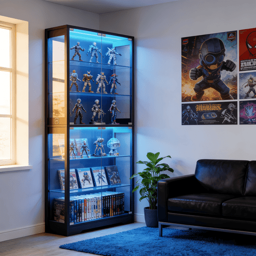 6 tier modern glass display cabinet with sensor auto led suitable for collectibles figures dolls comics decor frame standing showcase furniture for living room bedroom gift for