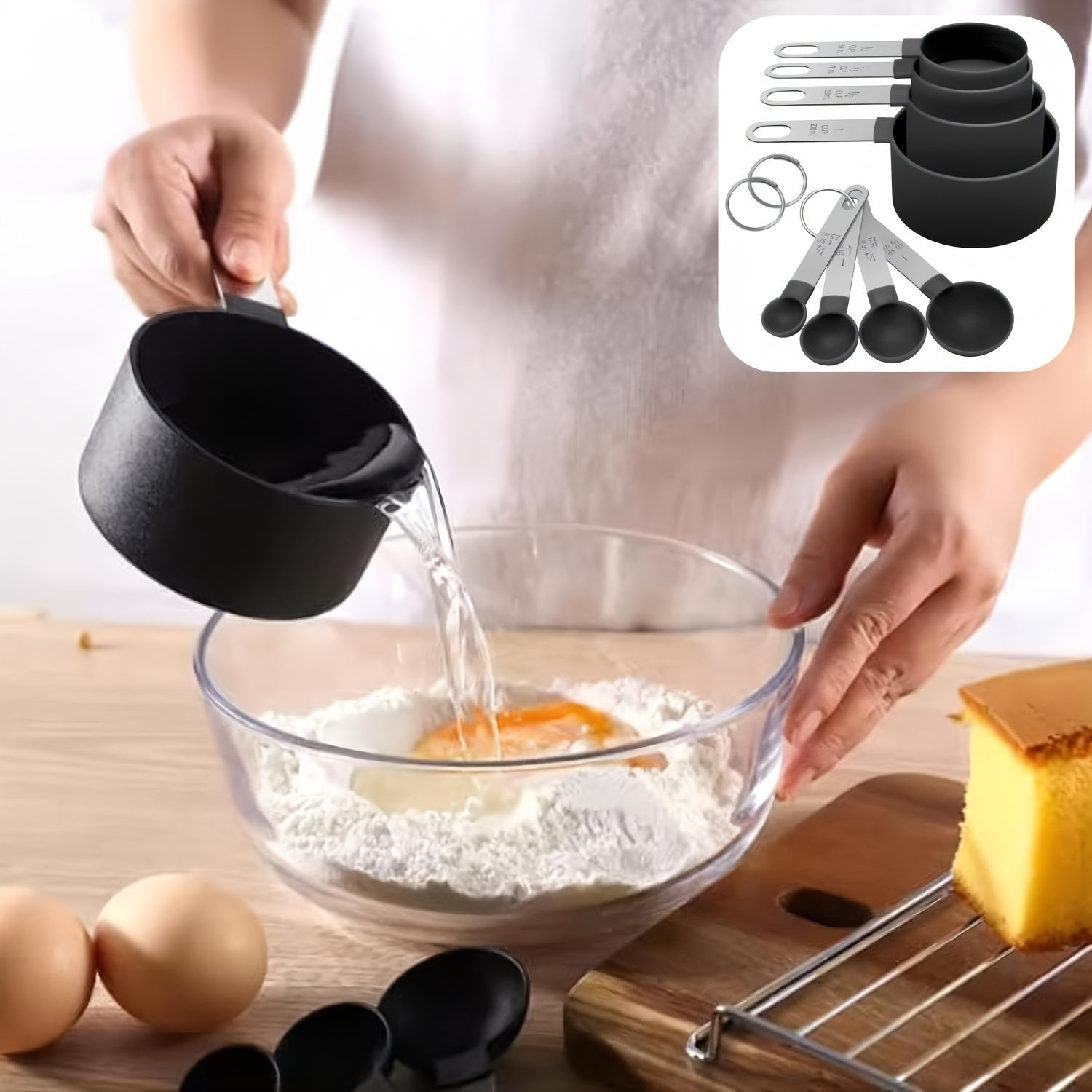 An 8pcs Stainless Steel Measuring Cup And Spoon Set with Handles, Suitable for Dry And Liquid Ingredients, Dishwasher Safe, Essential Kitchen Tools for Cooking And Baking.